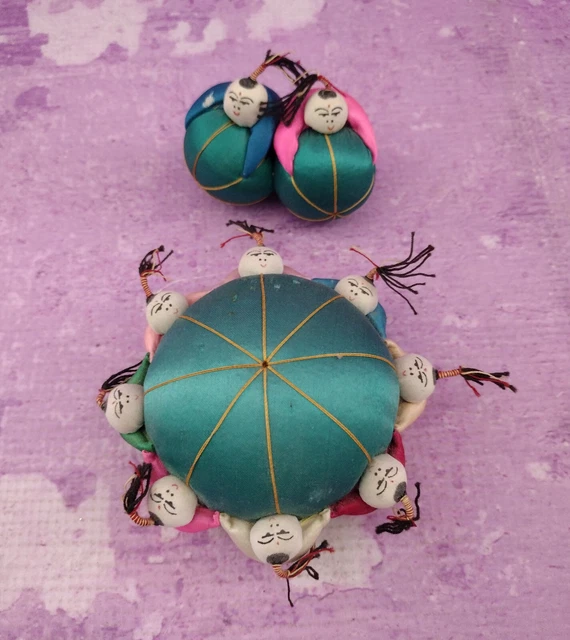 JAPANESE PIN CUSHIONS Silk Sumo Children Holding Hands Lot of 2 Sizes