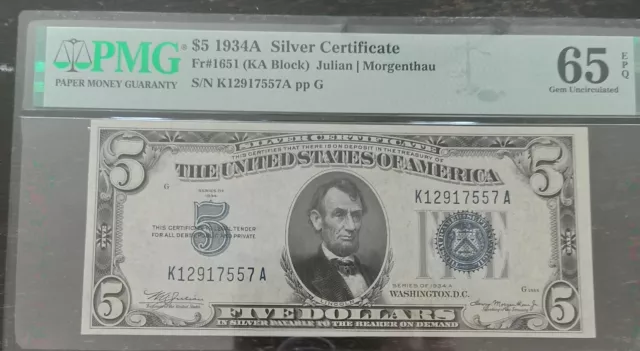 GEM 1934-A $5 Silver Fr. 1651 KA Block PMG 65 EPQ.   #57