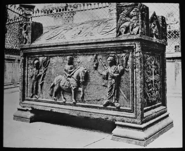 ANTIQUE Magic Lantern Slide TOMB OF MASTINO I VERONA C1890 PHOTO ITALY