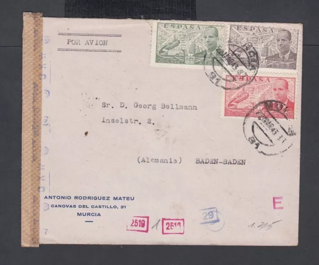 Spain 1943 Wwii Censored Airmail Cover Murcia To Baden-Baden Germany