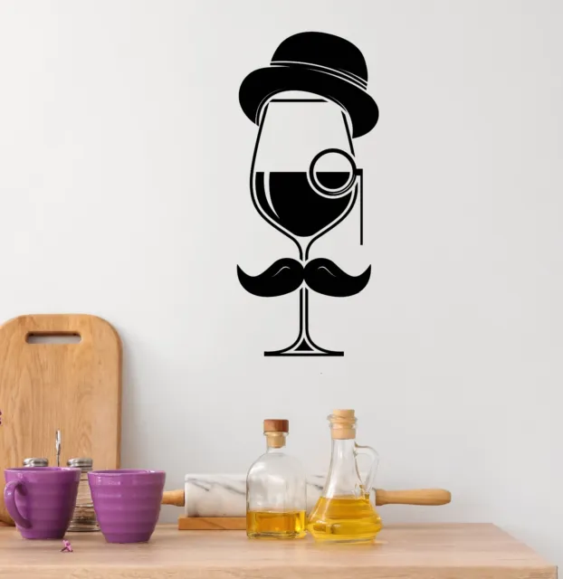 Glass of Wine Vinyl Wall Decal Gentleman Hat Mustache Stickers Mural k143
