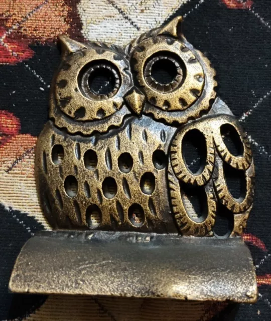 Vintage Metal Ornate Cast Iron OWL Bookend Door stop Brass Colored  5-1/2" Tall