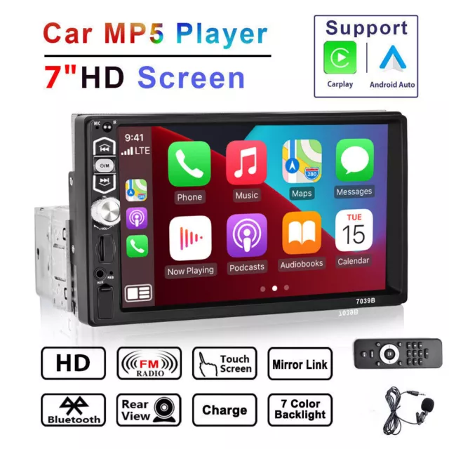 Single 1DIN 7" Touchscreen Autoradio Apple CarPlay/Android Auto FM Bluetooth USB