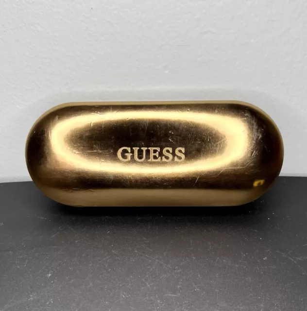 GUESS Gold Hard Eyeglass Case Clamshell Glasses Holder Logo Brown Felt Lining