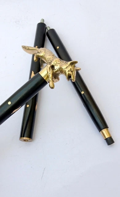 Solid Brass Walking Stick fox head handle vintage black wooden handmade Cane