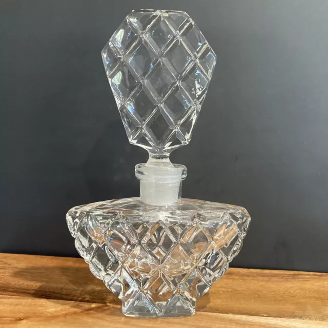 Vintage 1950s Cut Glass Perfume Bottle & Stopper Art Deco Style Crystal Look EUC