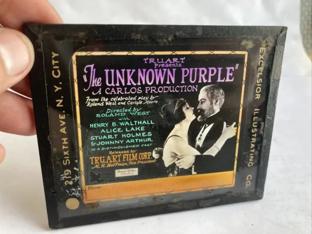 ADVERTISING MOVIE THEATER MAGIC LANTERN GLASS SLIDE The Unknown Purple Ronald W