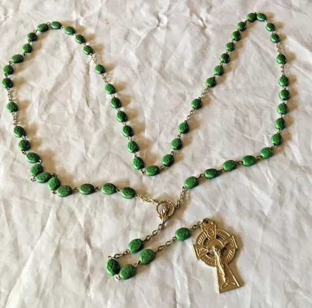 Irish ( ERIN ) Celtic Green Shamrock Embossed Rosary Beads  Catholic, Church,