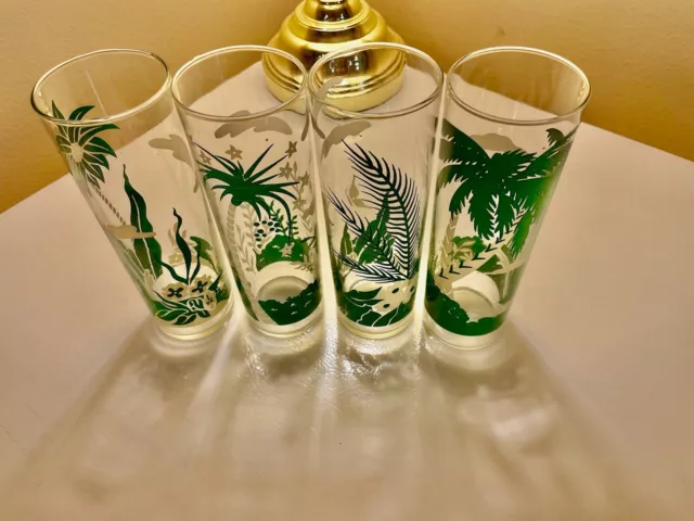 4 RETRO LIBBEY Island Paradise Tall Drink Glasses Palm Tree Each is Different