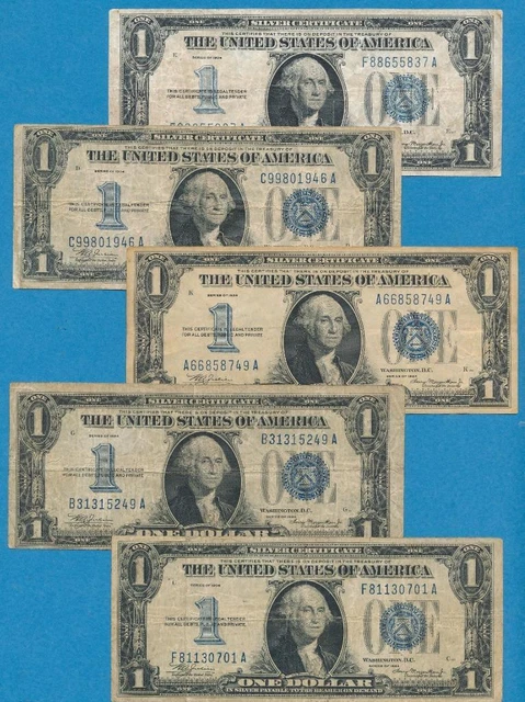 5-$1.00 1934  Series Blue Seal Silver Certificate Circulated  Dealers Lot