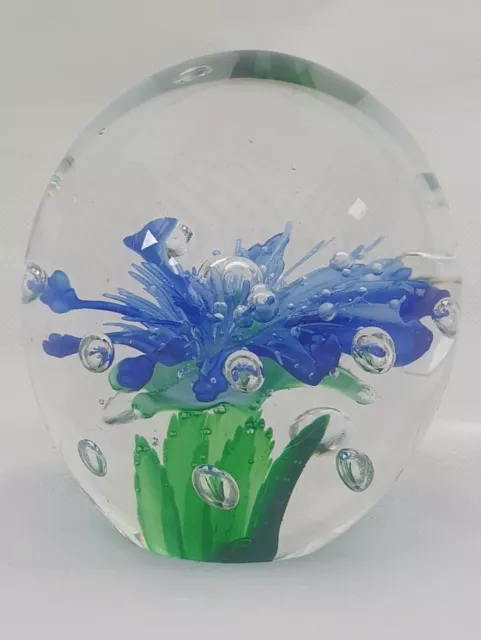A Large Vintage Art Glass Paperweight Hand Blown ,Clear with Blue & Green Flower