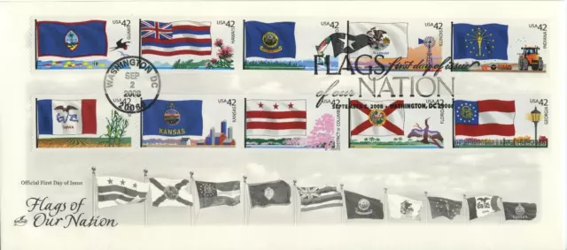 #4283-4292b 10 STAMPS FDC ArtCraft FLAGS OF OUR NATION on SINGLE FDC 2008