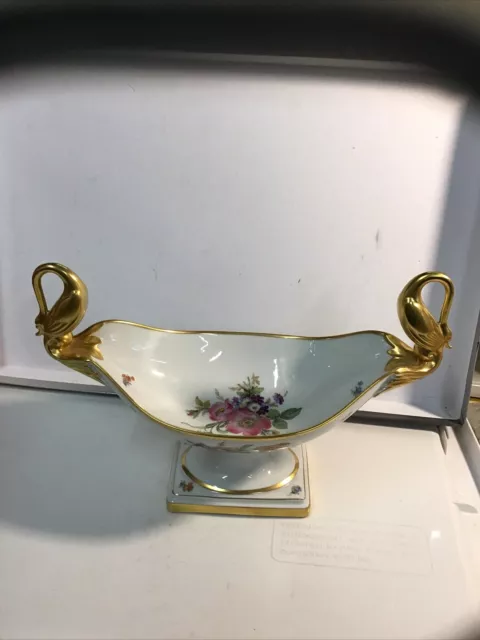 ALKA Alboth & Kaiser Serving Dish With Gold Gilded Swan Form Handles Floral Dec.