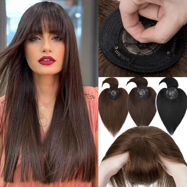 100% Real Clip In Human Hair Women Topper with Bangs Medium Long Breathable Mono