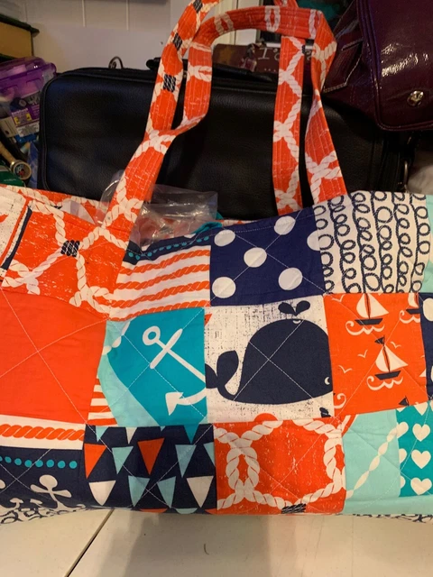 Tote Diaper bag, Beach craft bag, orange blue reversible whales anchors tropical