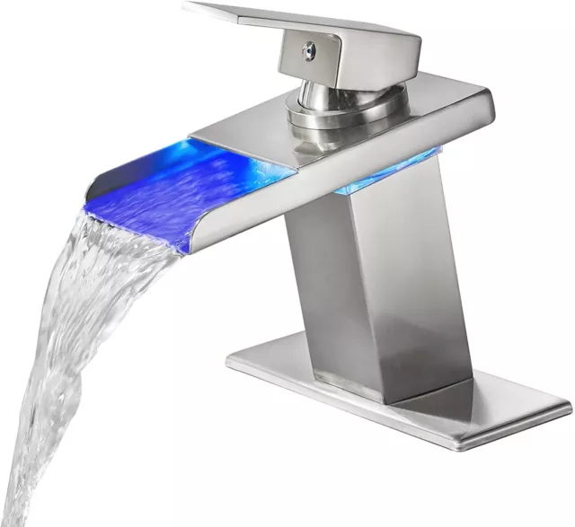 Acanyewit Waterfall Bathroom Faucet with LED Light 3-Color Changing LED Light