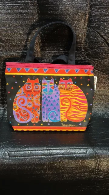 Laurel Burch Colorful Cats Sun N Sand Painted Canvas Bag Tote w/ Wood Ornament