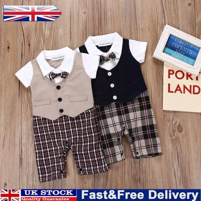 Infant Baby Boys Gentleman Outfit Short Sleeve Tuxedo Suit Romper Bowtie Hat Set