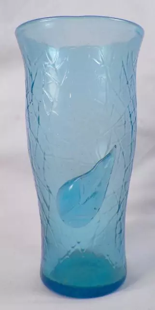 L E Smith By Cracky Iced Tea Tumbler Blue Blown Glass Applied Leaf 12 oz.