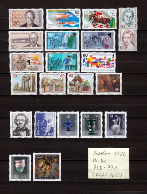 Berlin Briefmarken, Jahrgang 1986, komplett postfrisch,  Michel 750 - 771