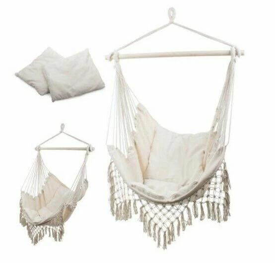 Brasilianischer Hängesessel Lounge Sessel Hängematte Beige mit Kissen, NEU & OVP