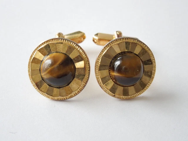 Boutons De Manchettes Anciens En Argent Et œil De Tigre - Bijou Vintage Occasion Pour Homme