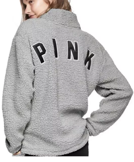 Small Victoria’s Secret PINK Sherpa Cozy Half Zip Jacket  NWT Gray Pullover S