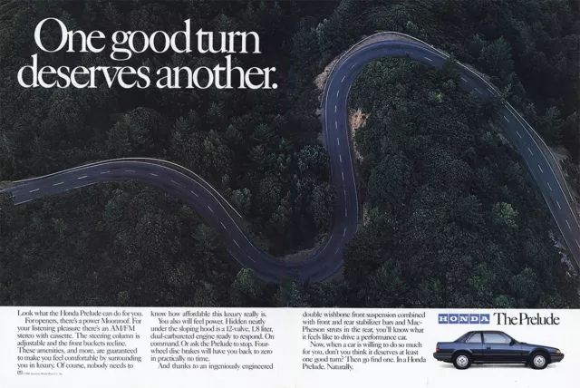 1987 Honda Prelude: One Good Turn Deserves Another Vintage Print Ad