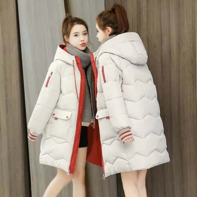 WOMEN'S WINTER JACKET Long Down Cotton Faux Fur Collar Warm Hooded Coat ...
