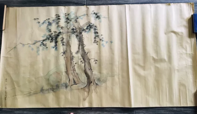 Early 20th Century Antique Hand Painted Scroll Wallpaper 56" x 31" Signed