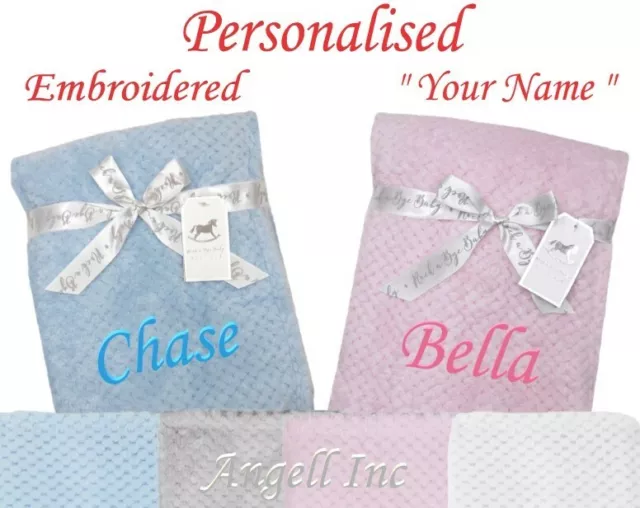 Baby Girl Boy Personalised Blanket Embroidered Towel Name Grey Pink Blue White