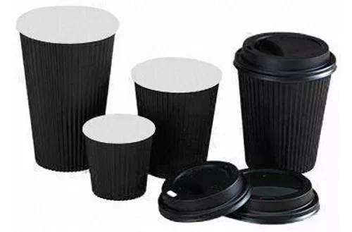 100 x 16oz Black Kraft Paper Coffee Cups Kraft Ripple 3 Ply + Black Lids