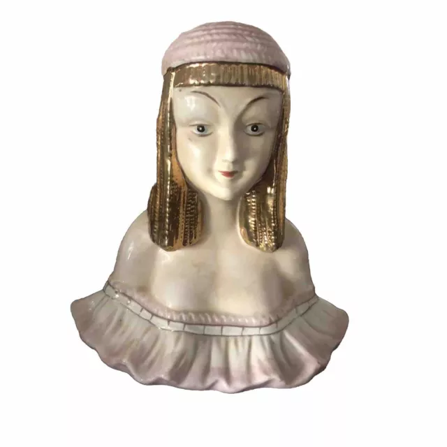 Lady Head Figurine Handpainted Gold Hair Pink Hat and Frills Vintage Ex Cond