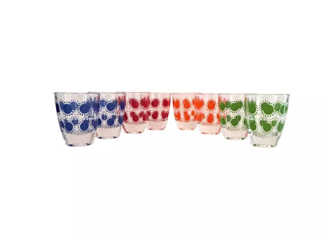 Lot de 8 verres à liqueur vintage multicolores motif soleil shooters Arques 1970