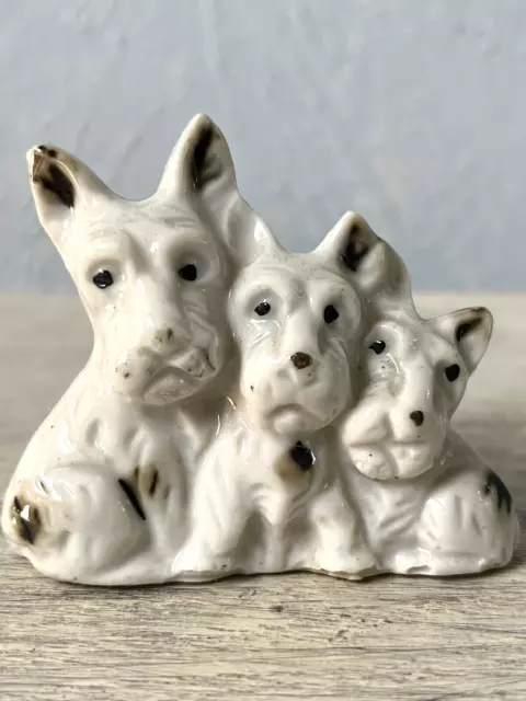Vintage White & Black Scottie Ceramic Dog Mom & Puppy Dog Figurine 2" Tall Japan