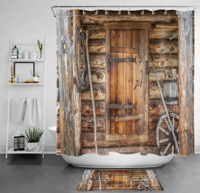 Retro Farmhouse Rustic Wood Barn Door Shower Curtain Bathroom Accessories Set