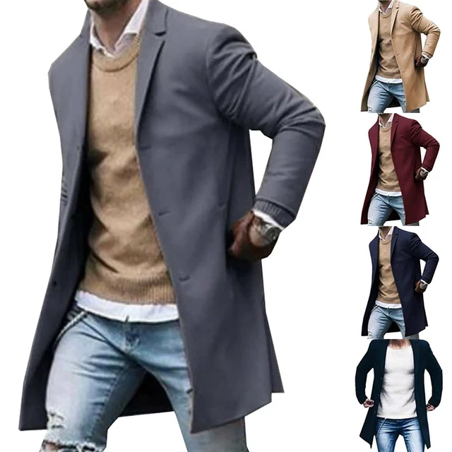 Mens Winter Warm Lapel Single Breasted Jacket Long Trench Coat Business Overcoat