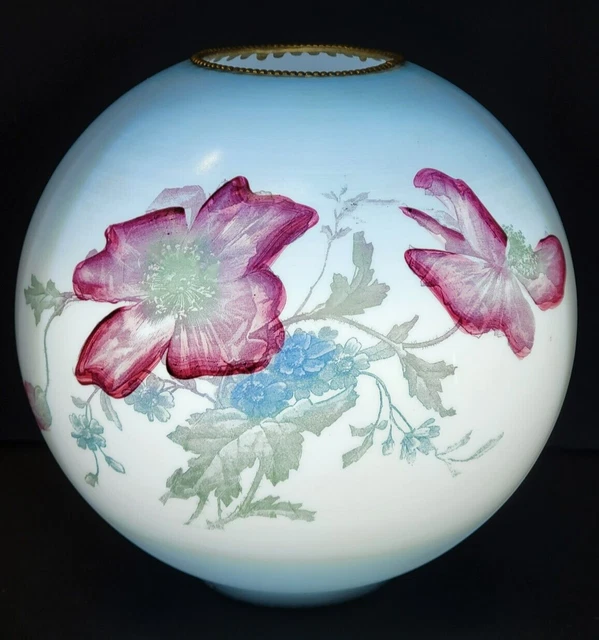 Antique Painted Flowers on BLUE Glass Ball 10" Shade GWTW Lamp 4" fitter