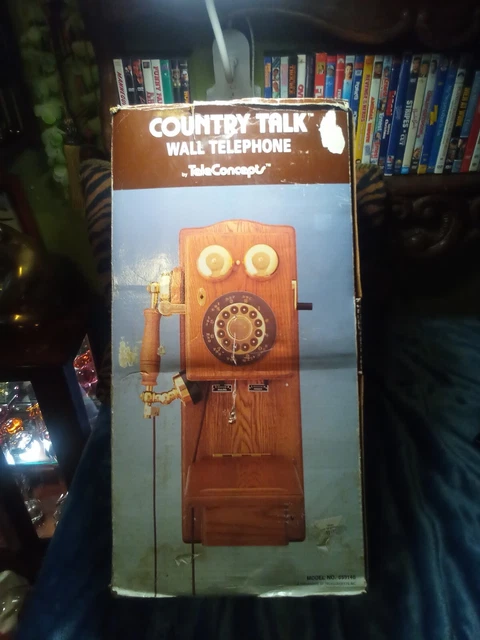 Country Talk madera antiguo oportuno teléfono de pared, en caja con contenido original