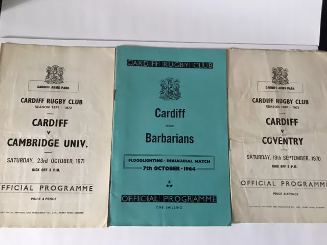 3 x Cardiff Rugby Union programmes 1964 , 1970 & 1971