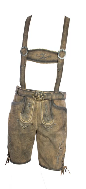 kurze Trachtenlederhose Latz zum Knöpfen Gürtel Plattlerhose Stegträger hbraun