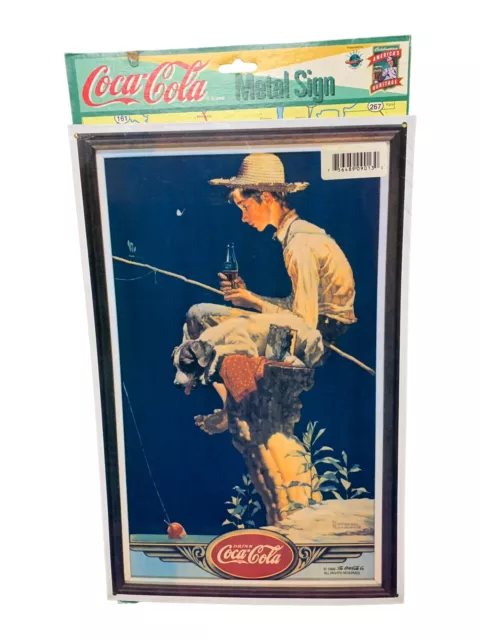 COCA-COLA Brand 1989 Tin Sign, Norman Rockwell Fishing Themed Coke Vintage NEW