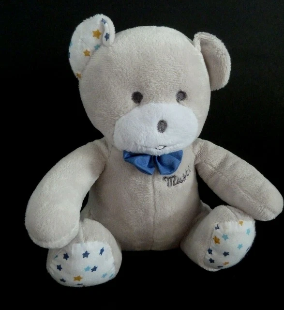 *. Doudou Peluche Musti De Mustela Ours Gris Blanc Etoile Bleu Jaune Noeud Neuf*
