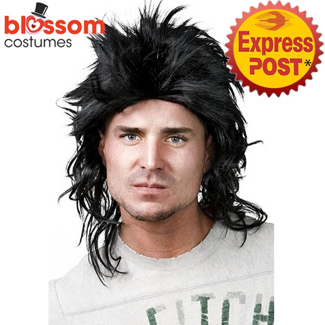 W785 BLACK MULLET Rock Star Bogan Spiky Punk Kiss Mens Costume Wig