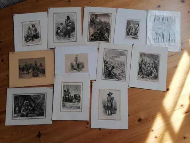 Lot mit 12 Holzstiche Indianer und Trapper um 1880