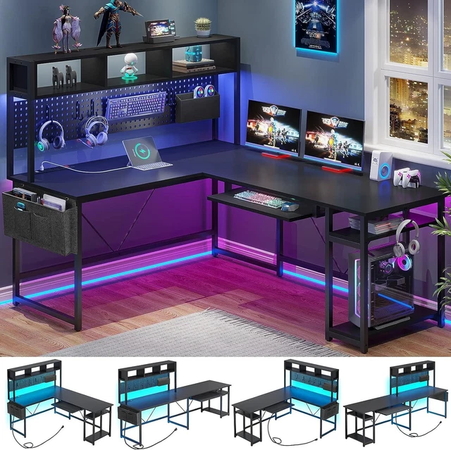 L SHAPED DESK Gaming Reversible Computer Desk Power Outlet Pegboard Led