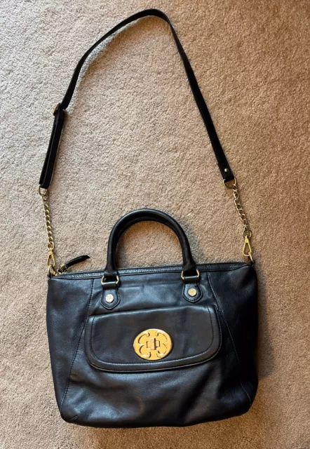 Emma Fox Black Pebbled Leather Handbag Gold Lock Double Handle Satchel & Strap