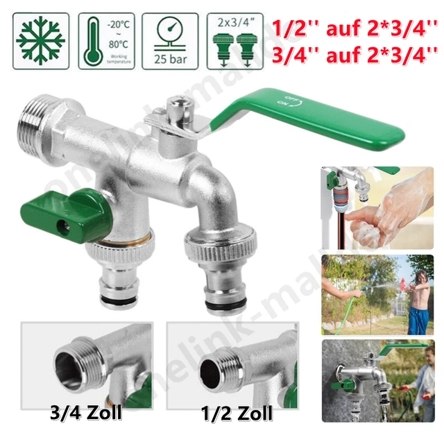 GARTEN DOPPEL WASSERHAHN 1/2, 3/4 Zoll Anschluss Kugelhahn Messing Auslaufhahn EUR 14,49