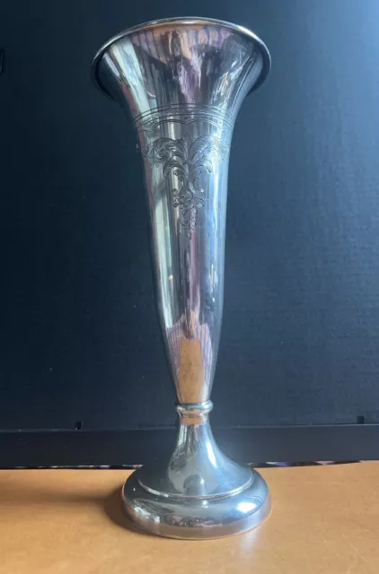 Antique BIRKS sterling silver printed trumpet vase 11 inches 514g