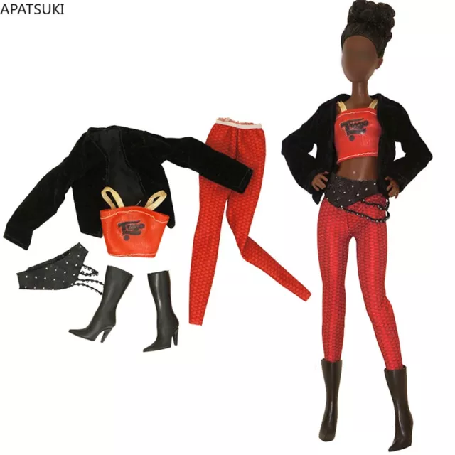 Einzigartiges Kleidungsset für Barbiepuppe Mantel Rot Weste Hose Stiefel Outfits